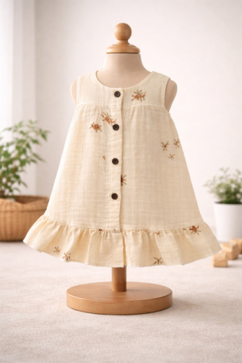 Little Apple Baby Girls Muslin Cotton Sleeveless Frock – Cream Printed, Button Front, Ruffled Hem (0–24 Months)