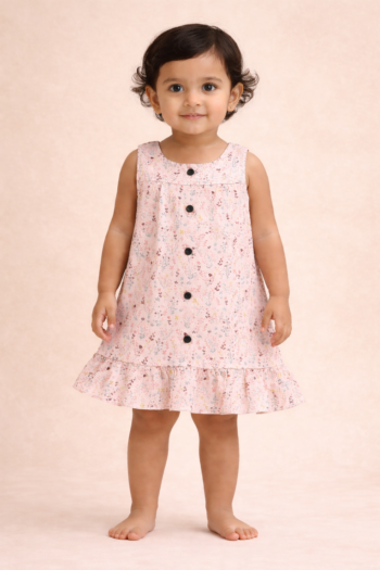 Baby Girls Muslin Cotton Sleeveless Frock – Soft Pink Floral Print, Button Front, Ruffled Hem (0–24 Months)