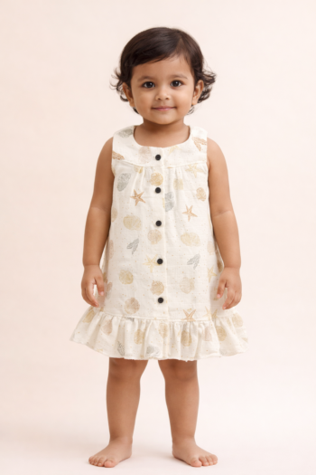 Baby Girls Muslin Cotton Sleeveless Frock – Cream Sea Print, Button Front, Ruffled Hem (0–24 Months)