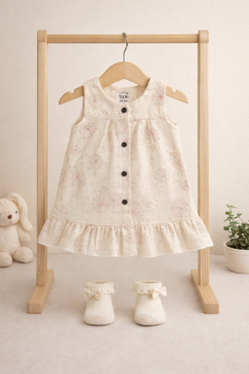 Baby Girls Muslin Cotton Sleeveless Frock – Soft Pink circle Print, Button Front, Ruffled Hem (0–24 Months)