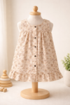 Baby Girls Muslin Cotton Sleeveless Frock – Soft floral beige Print, Button Front, Ruffled Hem (0–24 Months)