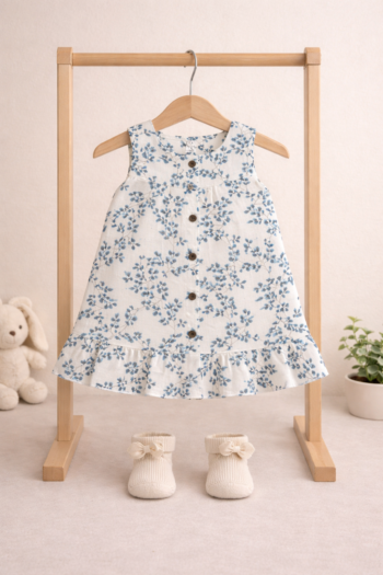 Baby Girls Muslin Cotton Sleeveless Frock – Soft floral blue Print, Button Front, Ruffled Hem (0–24 Months)