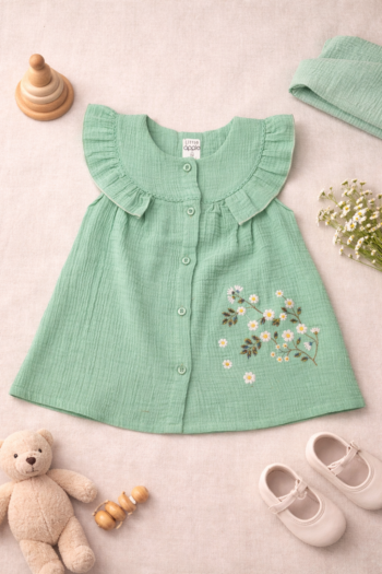 Little Apple Premium Muslin Baby Girl Frock – Sleeveless Double Layer Cotton Dress with Floral Embroidery (6–24 Months)