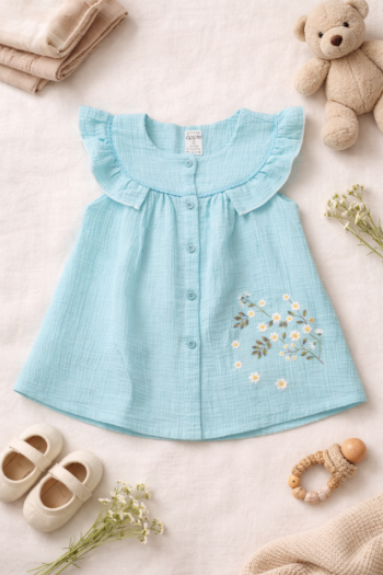 Little Apple Premium Muslin Baby Girl Frock – Sleeveless Double Layer Cotton Dress with Floral Embroidery (6–24 Months)