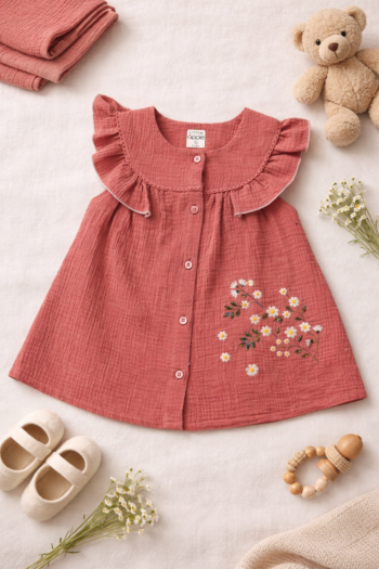 Little Apple Premium Muslin Baby Girl Frock – Sleeveless Double Layer Cotton Dress with Floral Embroidery (6–24 Months)