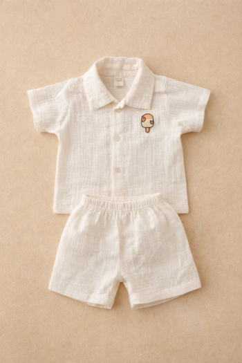 Premium  Muslin Cotton Baby Boy Coord Set – Soft Crinkle Shirt & Elastic Shorts | Summer Breathable Outfit