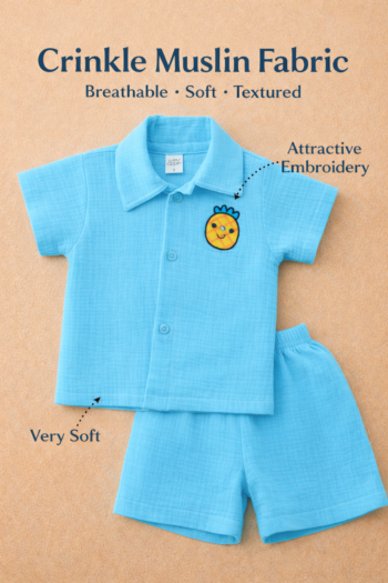Premium  Muslin Cotton Baby Boy Coord Set – Soft Crinkle Shirt & Elastic Shorts | Summer Breathable Outfit
