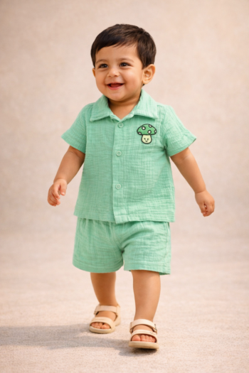 Premium  Muslin Cotton Baby Boy Coord Set – Soft Crinkle Shirt & Elastic Shorts | Summer Breathable Outfit