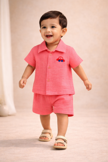 Premium Coral Pink Muslin Cotton Baby Boy Coord Set – Soft Crinkle Shirt & Elastic Shorts | Summer Breathable Outfit
