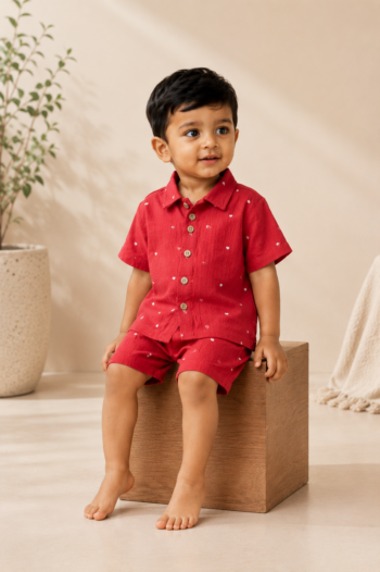 Little Apple Boys Pure Cotton organic Muslin Co-ord Set – Soft Printed Shirt & Shorts