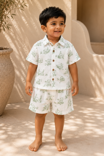 Little Apple Boys Pure Cotton organic Muslin Co-ord Set – Soft Printed Shirt & Shorts