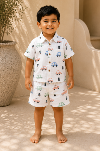 Little Apple Boys Pure Cotton organic Muslin Co-ord Set – Soft Printed Shirt & Shorts