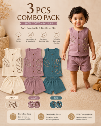 Little Apple Boys pack of 3 Double layered lining rope work Pure Cotton organic Muslin Co-ord Set –  Jabla & Shorts